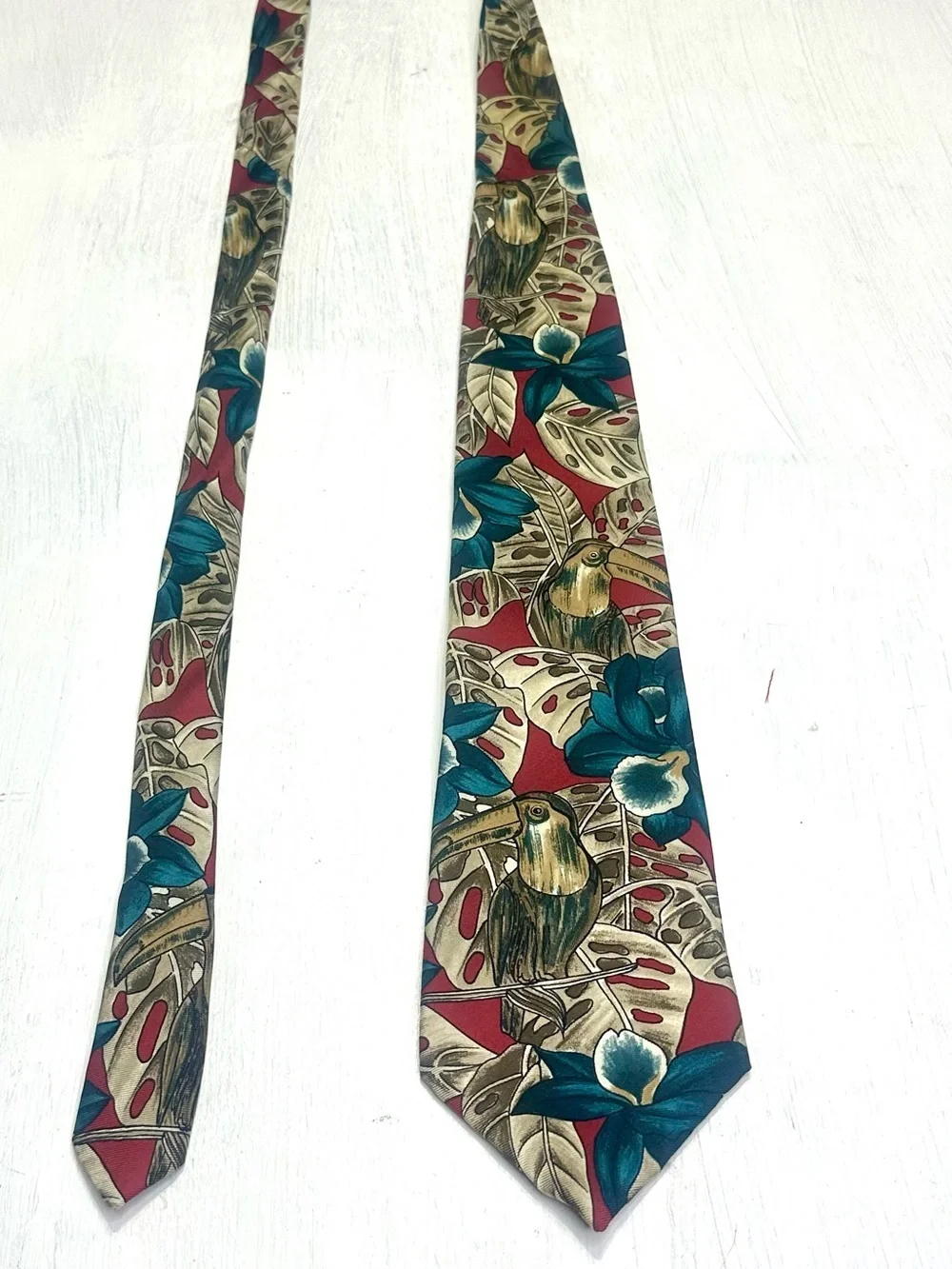 Vintage Oscar de la Renta Toucan Tropical Floral Silk Tie 90s Novelty
